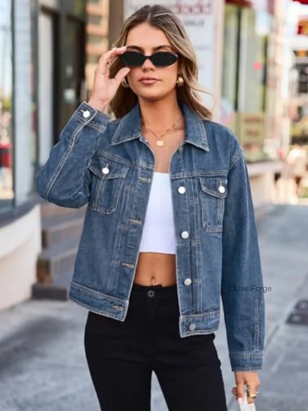 Vintage Style Denim Jacket - Long Sleeve Button Down with Pockets